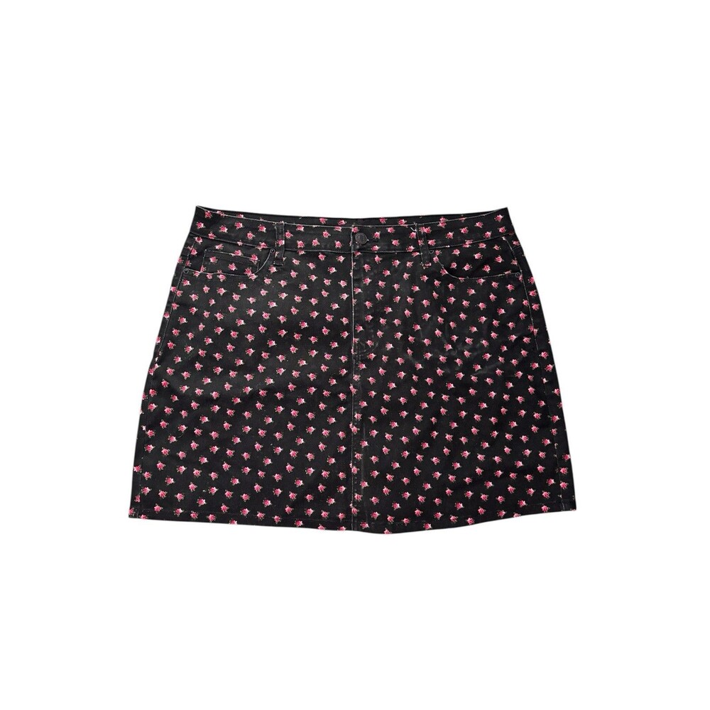 F21+ Whimsigoth Black Pink Ditsy Rose Floral Print Denim Mini Skirt 2XL Plus